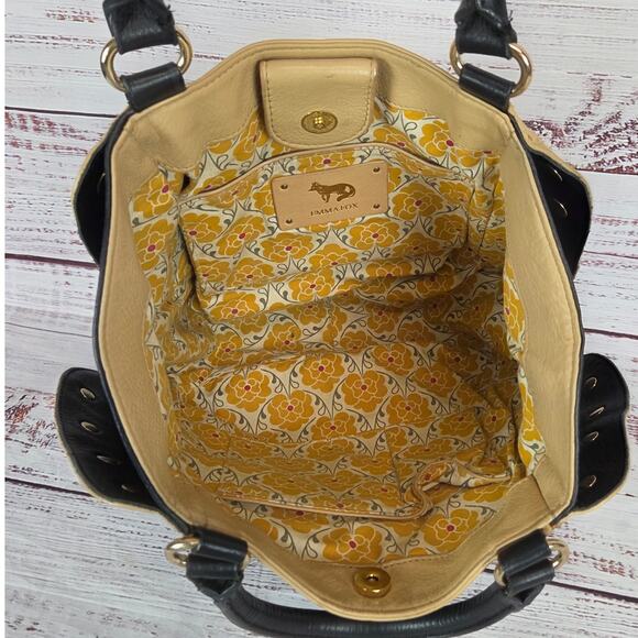 Emma Fox Black Tan Leather Top Dual Handle Satchel Purse Timeless Designer Bag - Picture 8 of 13